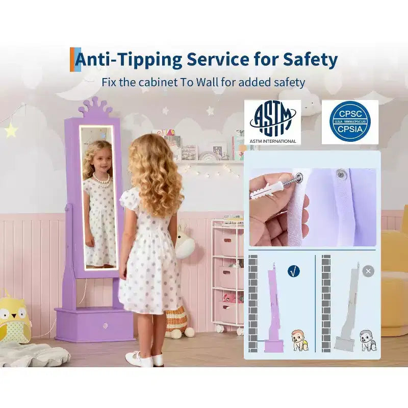 Armadio portagioie autoportante per bambini con specchio a figura intera e cassetti portaoggetti
