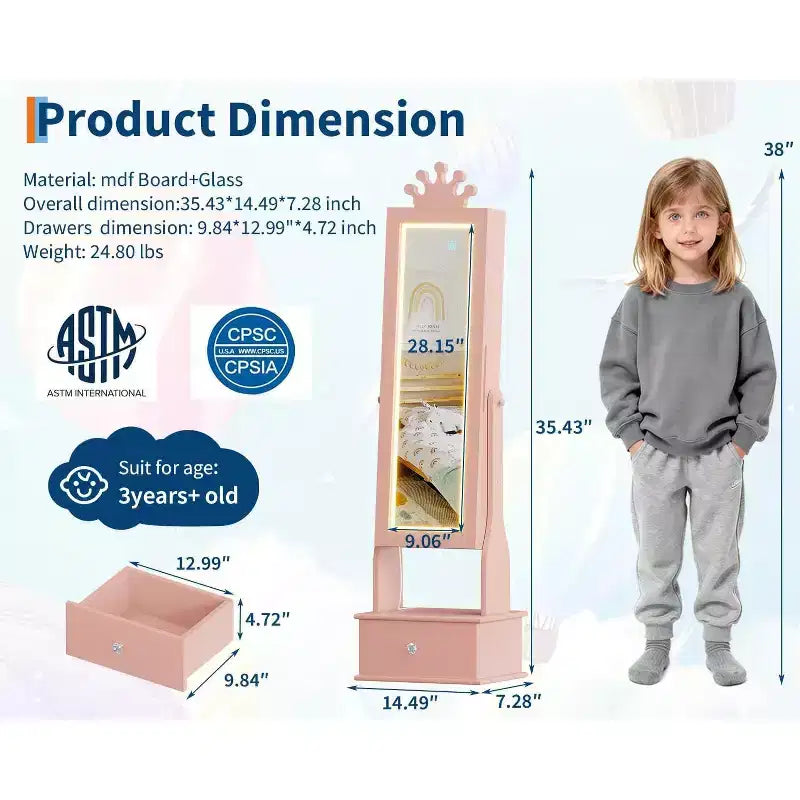 Armadio portagioie autoportante per bambini con specchio a figura intera e cassetti portaoggetti
