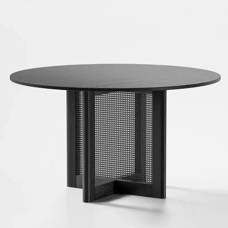 Tavolo da pranzo rotondo in legno da 52 pollici con base a piedistallo in rattan, 6 posti, nero