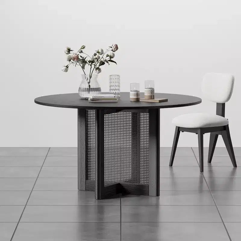 Tavolo da pranzo rotondo in legno da 52 pollici con base a piedistallo in rattan, 6 posti, nero