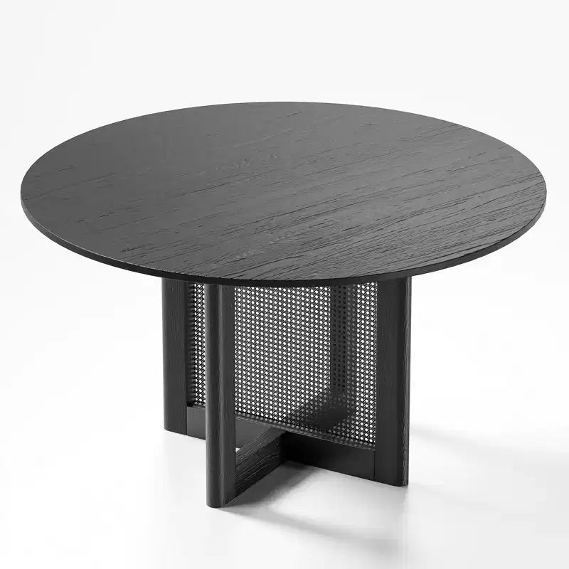 Tavolo da pranzo rotondo in legno da 52 pollici con base a piedistallo in rattan, 6 posti, nero
