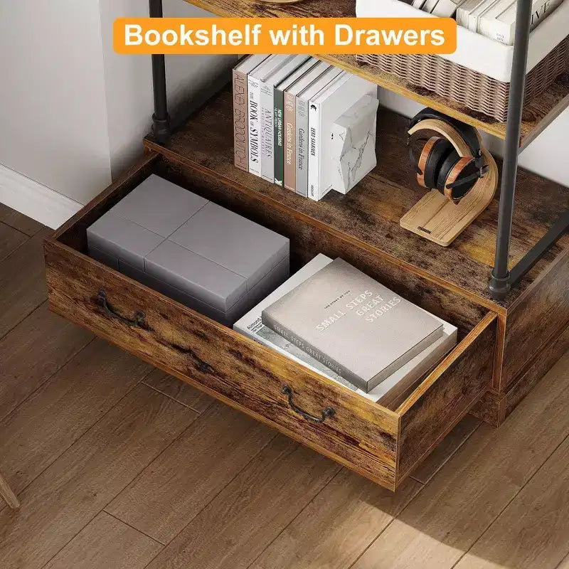 Libreria a 5 livelli con cassetto portaoggetti e struttura in metallo, libreria aperta alta 81" per soggiorno, ufficio o camera da letto