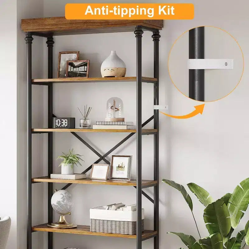 Libreria a 5 livelli con cassetto portaoggetti e struttura in metallo, libreria aperta alta 81" per soggiorno, ufficio o camera da letto