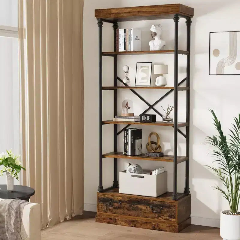 Libreria a 5 livelli con cassetto portaoggetti e struttura in metallo, libreria aperta alta 81" per soggiorno, ufficio o camera da letto