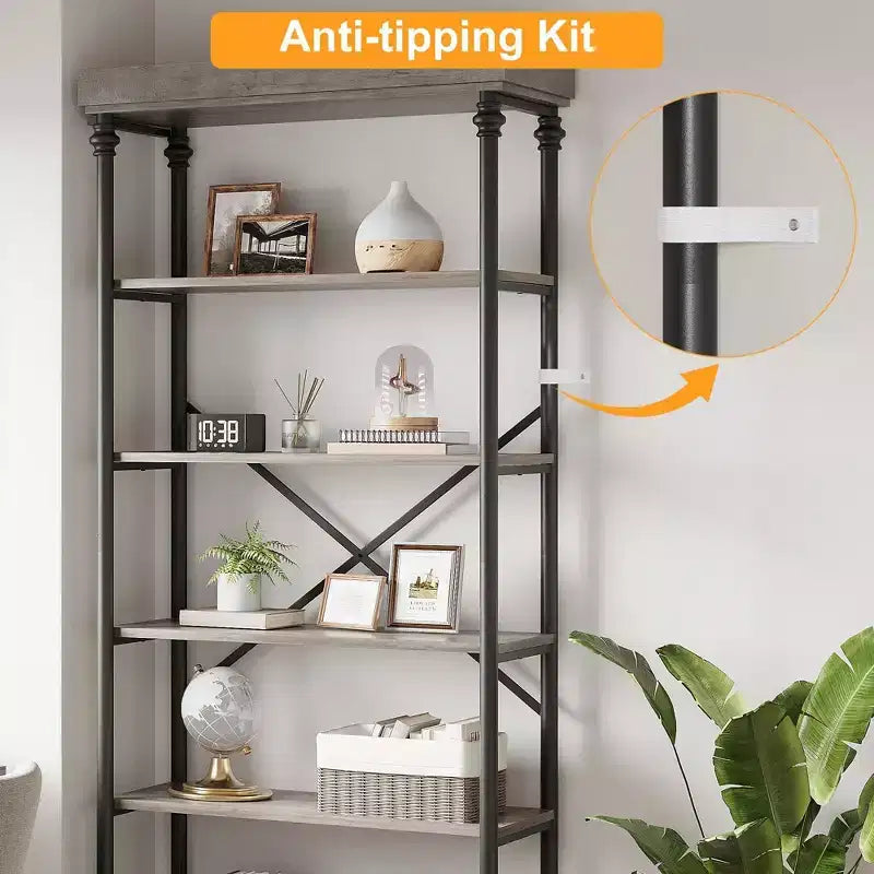 Libreria a 5 livelli con cassetto portaoggetti e struttura in metallo, libreria aperta alta 81" per soggiorno, ufficio o camera da letto