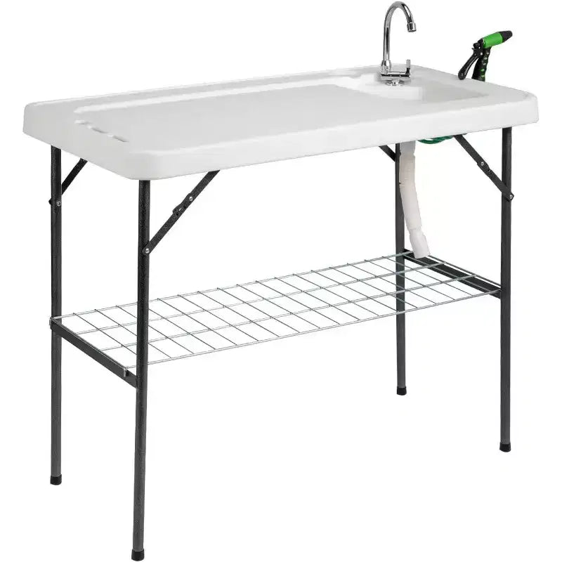 VINGLI Upgarded Folding Fish Cleaning Table with Sink, Portable Camping Sink Table with Grid Rack & Sprayer, Fish Fillet Cutting Table