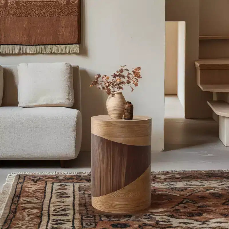 Tavolino rotondo con design a venature bicolore, 50 cm, marrone