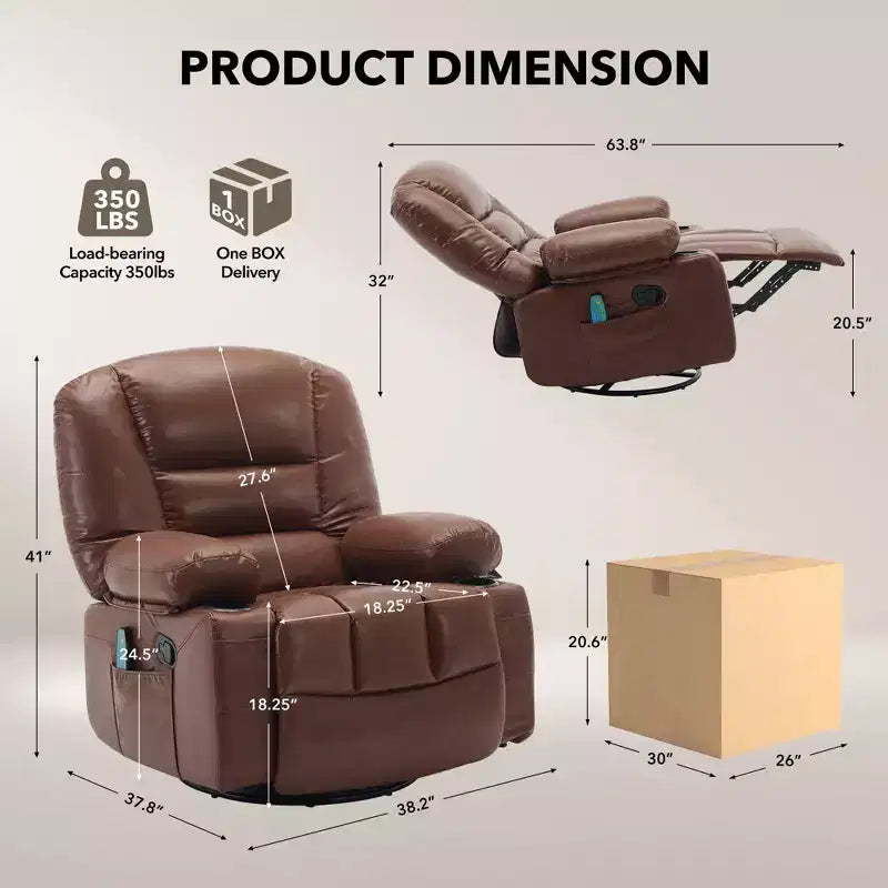 Poltrona reclinabile girevole oversize con massaggio, calore, tasche laterali e portabicchieri