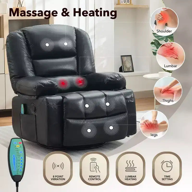 Poltrona reclinabile girevole oversize con massaggio, calore, tasche laterali e portabicchieri
