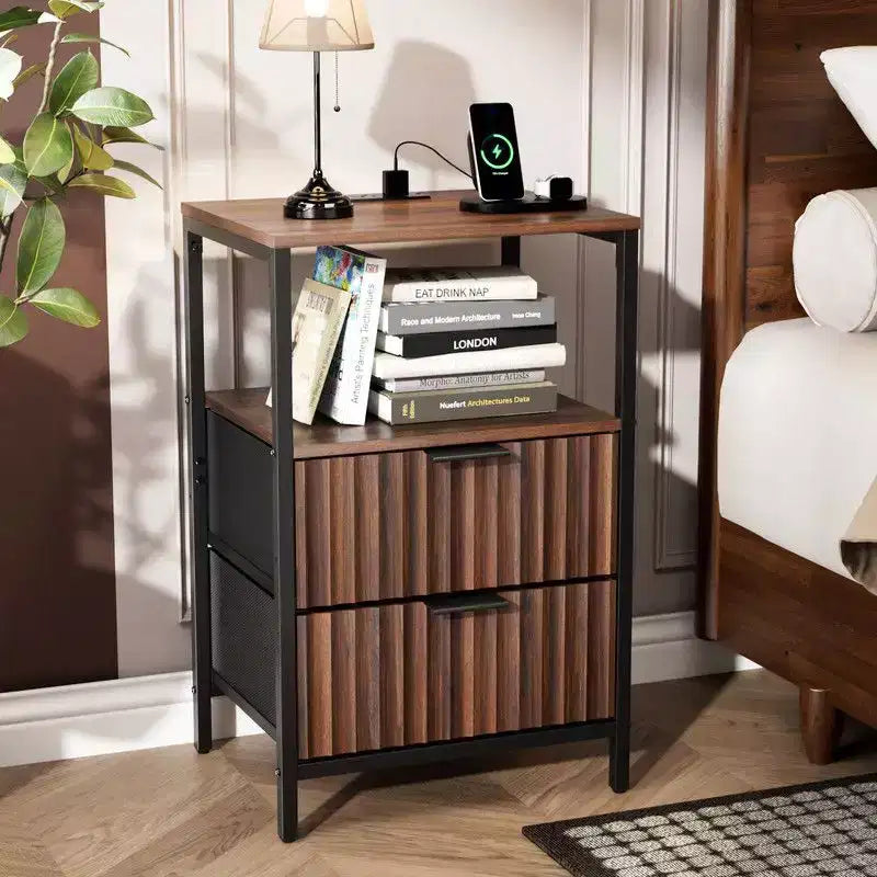 Karl Home 15 Inches Wide Nightstand - 2 Drawers, 1 Shelf, US Power Outlet