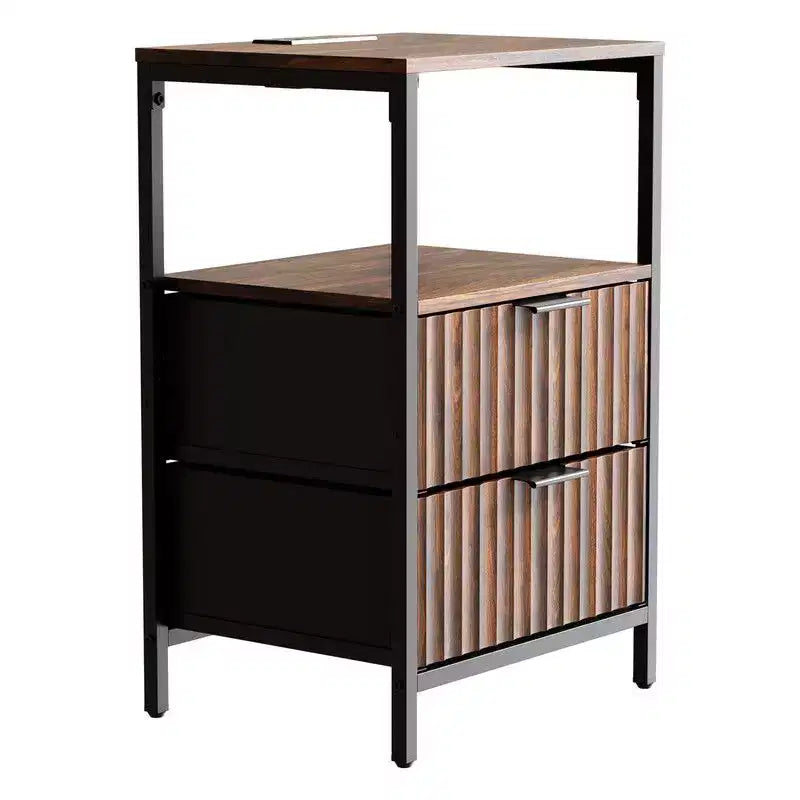 Comodino da 38 cm con 2 cassetti, 1 ripiano e presa di corrente
