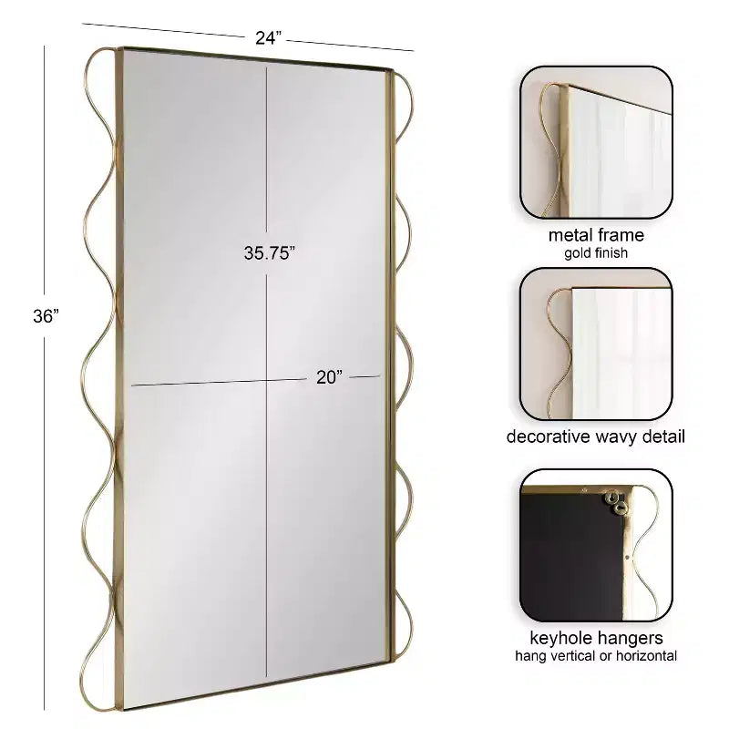 Specchio da parete ondulato con cornice increspata, oro, 24x36