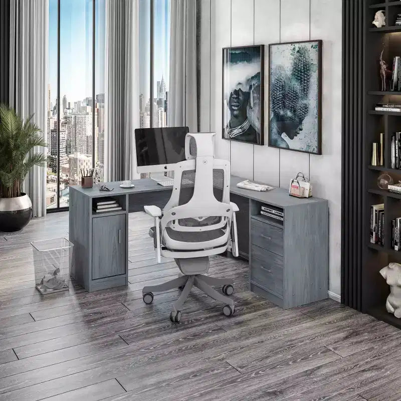 Scrivania angolare per computer con contenitore – Grigio