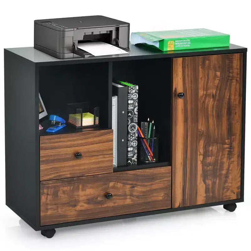 Costway Lateral Mobile Filing Cabinet Large Printer Stand w/2 Drawers Open Shelves Black