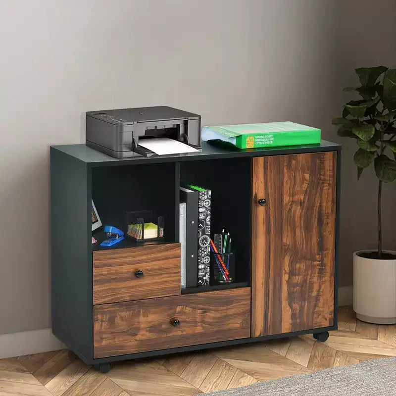 Cassettiera Portadocumenti con Rotelle con 2 Cassetti, Ripiani Aperti e Supporto per Stampante