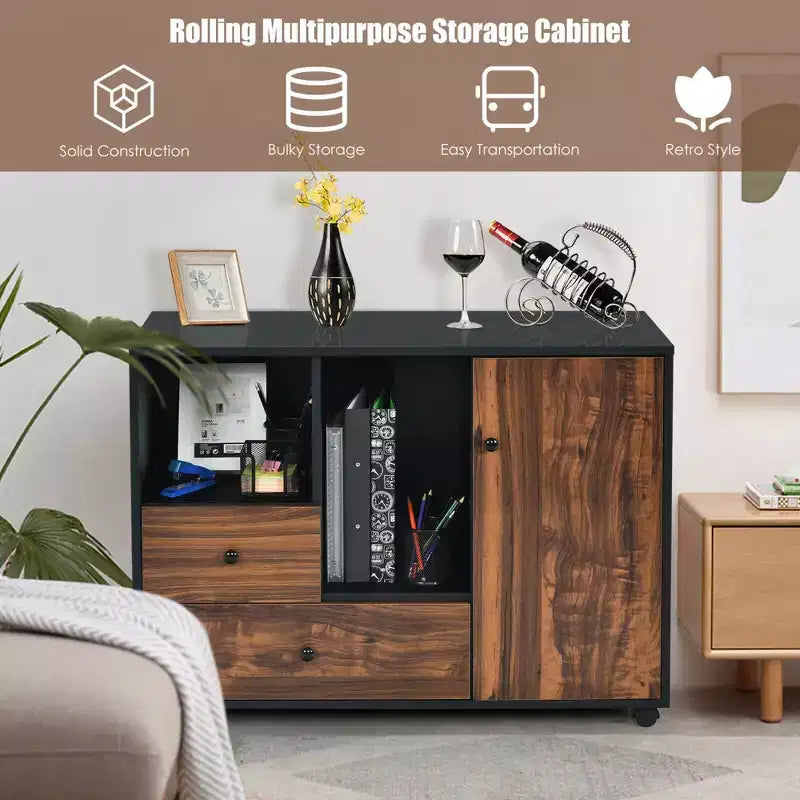 Cassettiera Portadocumenti con Rotelle con 2 Cassetti, Ripiani Aperti e Supporto per Stampante
