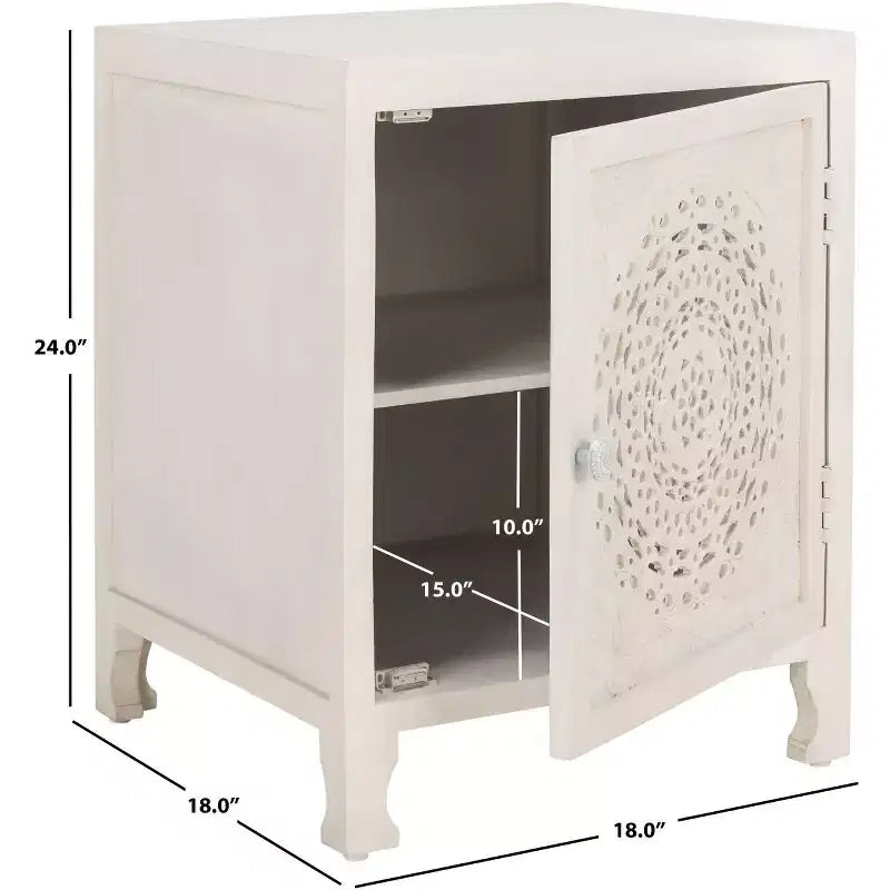 Comodino a 2 Ripiani e 1 Anta – Legno di Mango Bianco Sporco