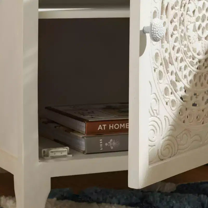 Comodino a 2 Ripiani e 1 Anta – Legno di Mango Bianco Sporco
