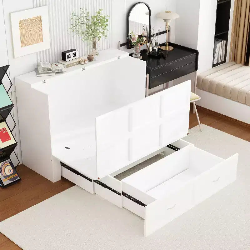 Letto a scomparsa bianco con cassetto e stazione di ricarica integrata