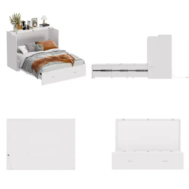 Letto a scomparsa bianco con cassetto e stazione di ricarica integrata